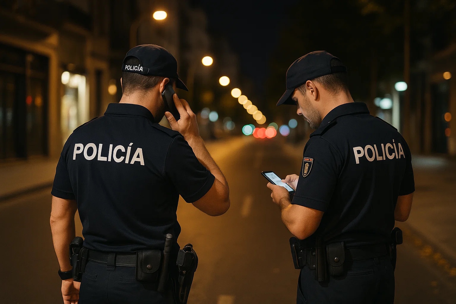 Policías patrullando en la calle por la noche para reforzar la seguridad ciudadana